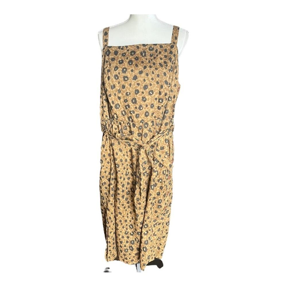 Ava & Viv Dress A Line Button Detail Tie Waist Linen Blend Leopard Brown 2X